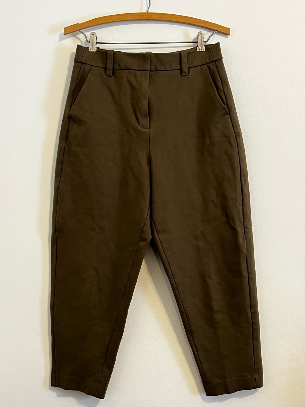 Frank And Oak Amelia Retro Trousers High Rise Tapered Pleated Ankle Pants Taupe - Picture 2 of 9